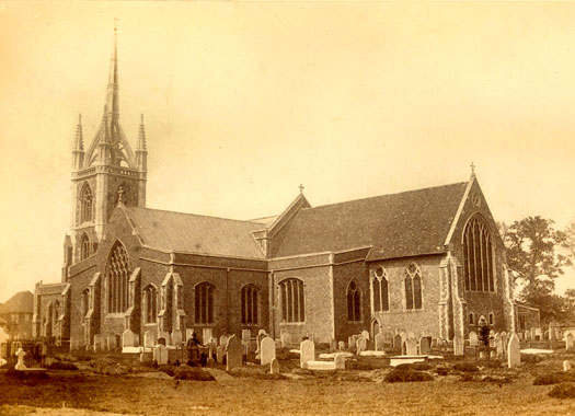 1866 view of St Mary of Charity from the churchyard, Faversham, Kent