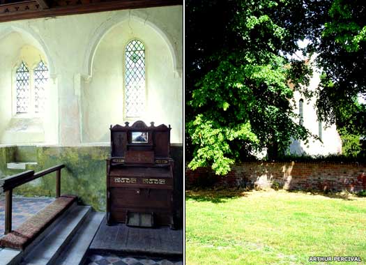 The church organ and rear view of St Mary's Luddenham, Kent