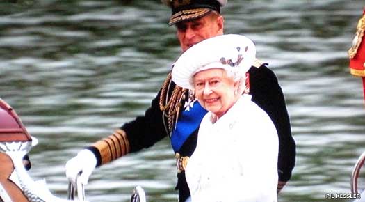 Queen Elizabeth II and Prince Philip about to join the Royal barge