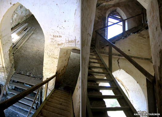 The damaged wooden staircase up to the tower in Paluküla Church