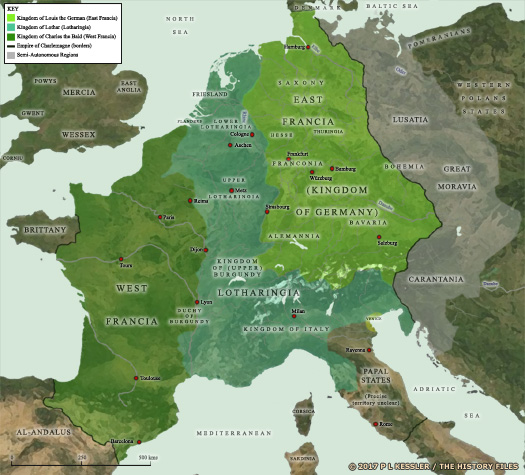 Map of the Frankish empire at the Treaty of Verdun AD 843
