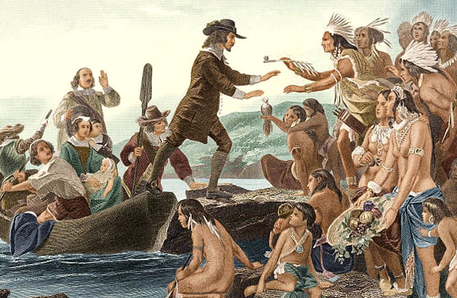 The Narragansett people of Rhode Island meet Pilgrim settlers